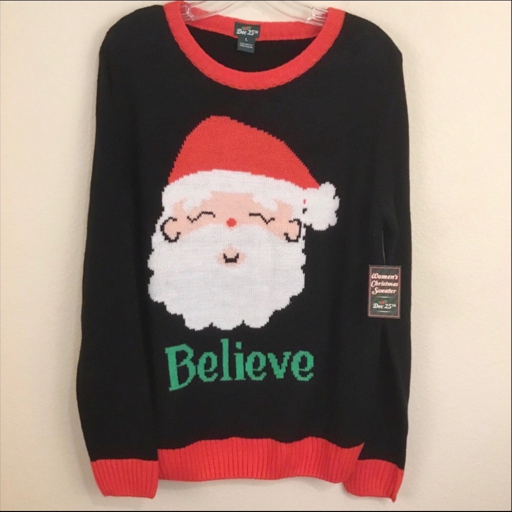 NEW “Believe” Santa Christmas Sweater Black Red